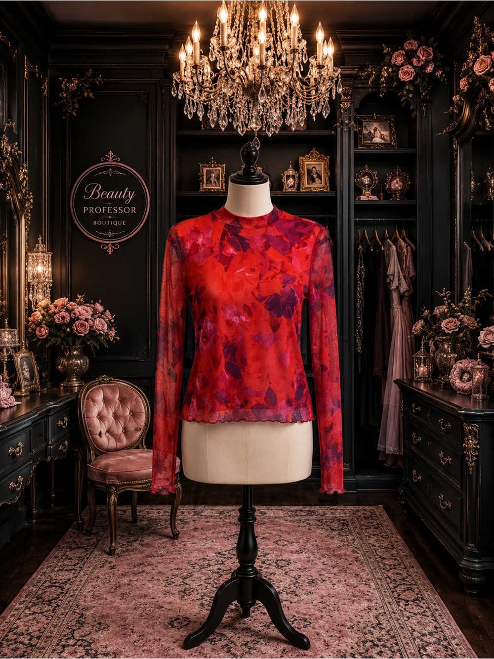💕 PRETTYGARDEN Large Floral Mesh Mock Neck Long Sleeve Top NWT